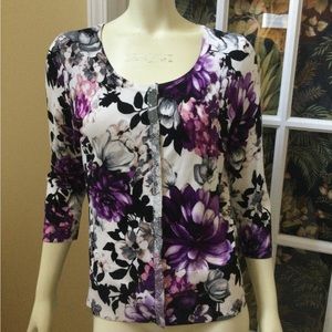 White House Black Market Womens Large Floral Cardigan Knit Sweater 3/4 Sleeve